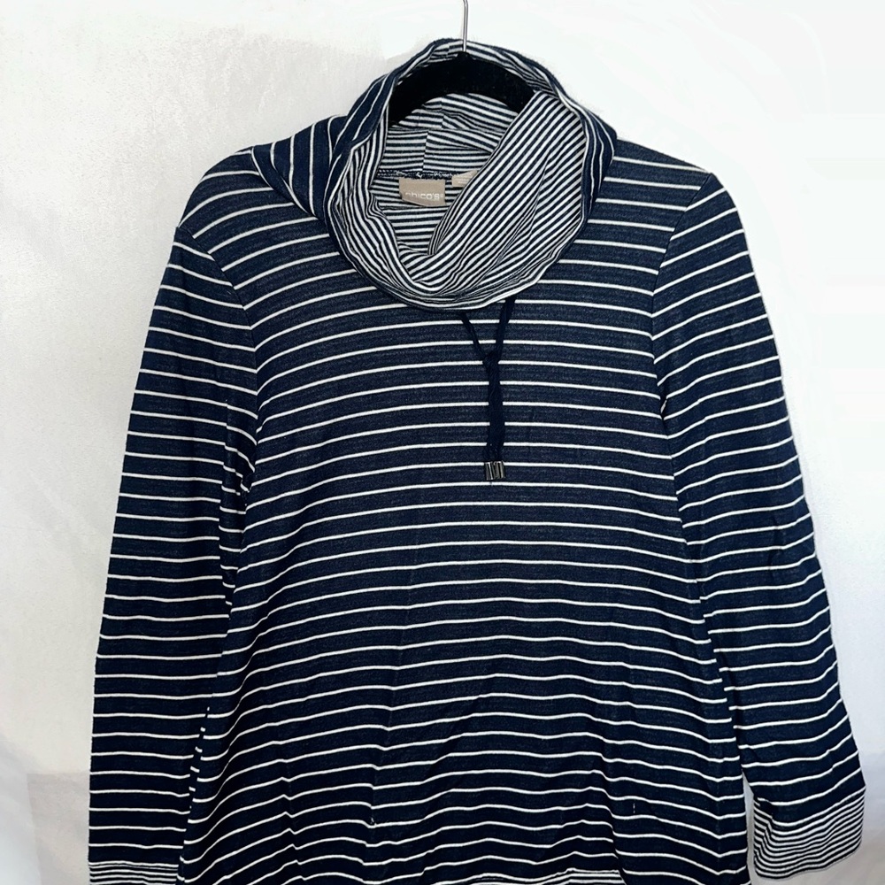 Chico's Navy and White Striped Cowl Neck Top